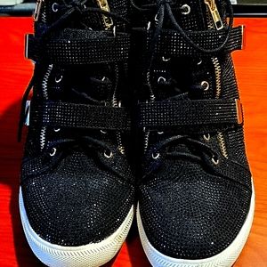 Round-toe hidden-wedge sneakers with zipper closures